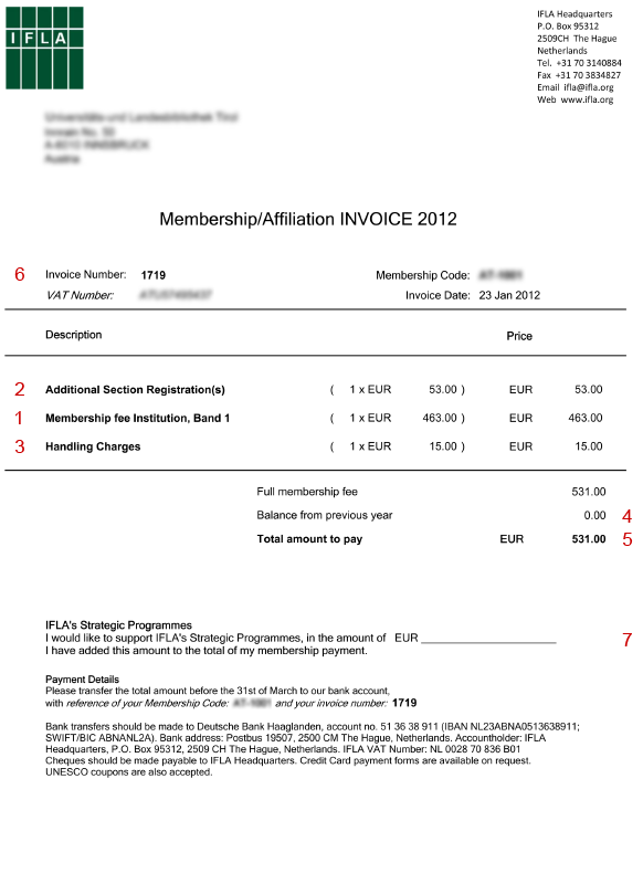 Example invoice IFLA membership