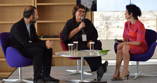 Vassilis Haralambidis, Anriette Esterhuysen and moderator Maria Carme Torras i Calvo (IFLA Professional Committee Chair)