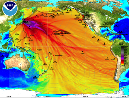 NOAA Energy map shows the intensity of the tsunami in the Pacific Ocean caused by the magnitude 8.9 earthquake NOAA Energy map shows the intensity of the tsunami in the Pacific Ocean caused by the magnitude 8.9 earthquake