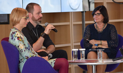 Betty Tsakarestou, Ivan Owen and moderator Glòria Pérez-Salmerón (IFLA President-elect)