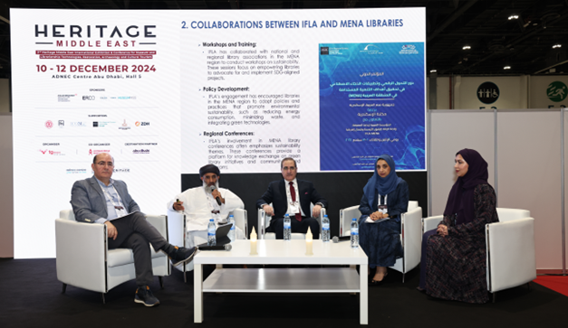 Heritage ME photo Photo of a panel of speakers at the IFLA panel at the Heritage Middle East conference
