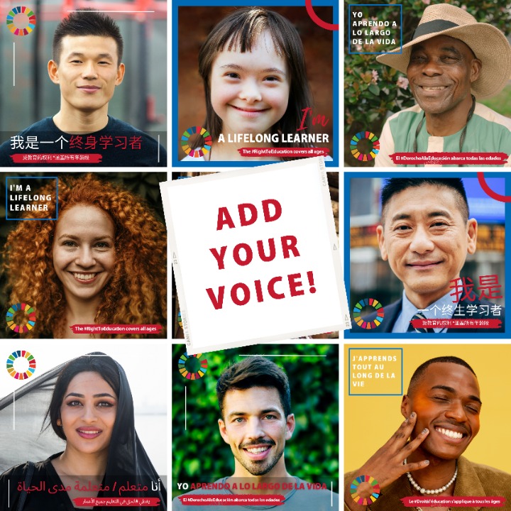 Image of faces with the I'm a lifelong learner tag and a message - add your voice