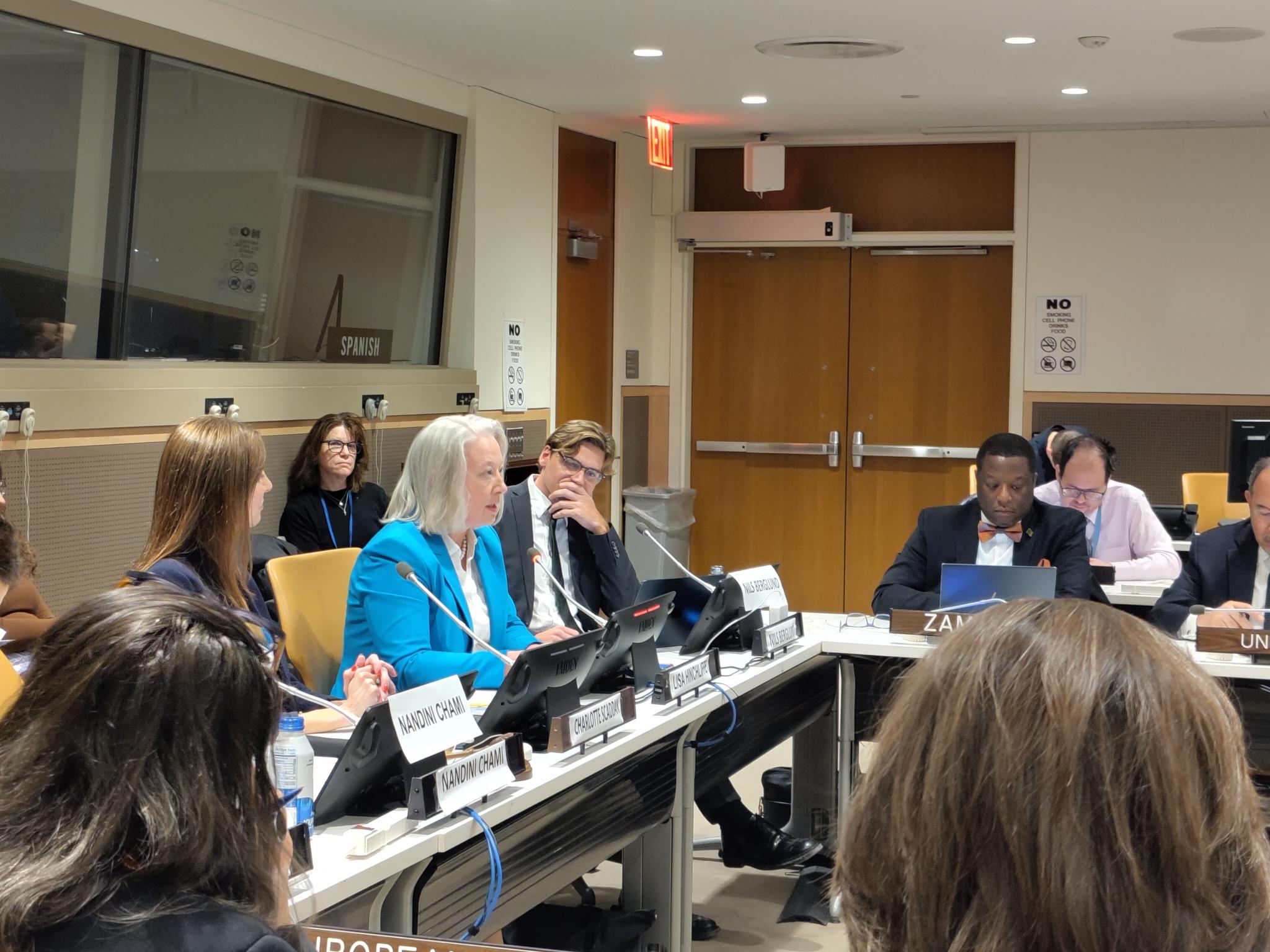 A woman in a turquoise jacket and grey hair speaks into a microphone at a table, alongside other speakers in suits