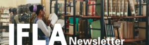 An image of a person standing in front of library shelves with a book