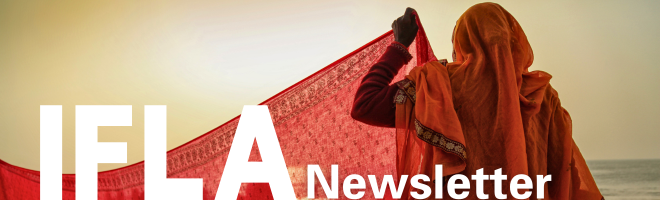 Picture of a woman wearing colorful silk garmants. Text: IFLA Newsletter