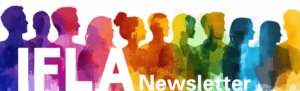 Colorful silhouettes of diverse people standing side by side with the text 'IFLA Newsletter' overlayed in white and yellow.