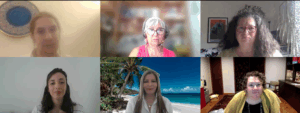 Screenshot of six women in a WILSIG webinar with varied virtual and real backgrounds
