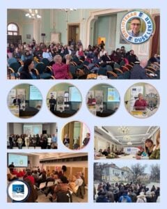 Collection of small photos of a conference