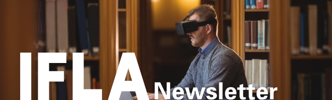 Picture of a person at a library wearing a virtual reality headset