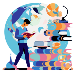Stylised image of a person deep in thought, reading a book, next to a figurative pile of books and aerials, with a globe in the background