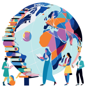 Stylised image of a group of people reading, with an image of a colourful connected globe behind them