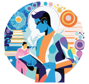 Stylised image of a person reading a book, with a colourful background
