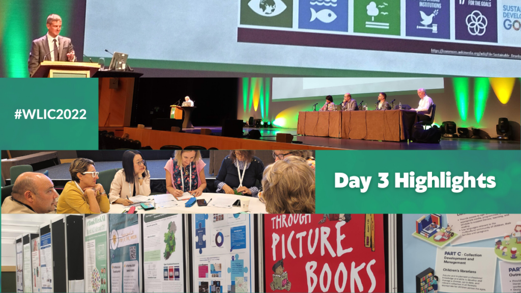 Image displays a photo collage of posters, people, and speaker on a stage at the IFLA conference