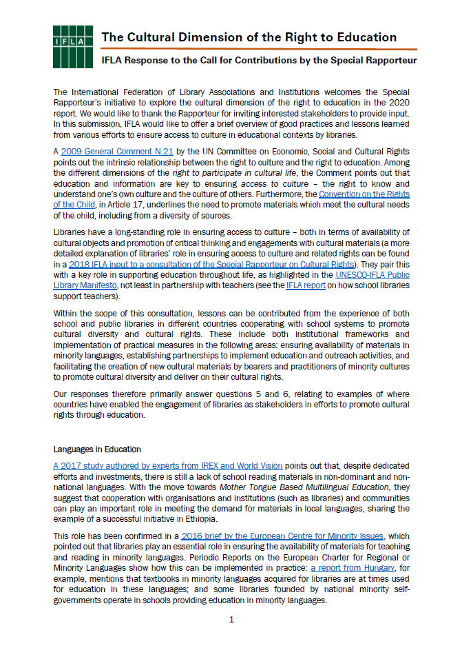Culture and Education - IFLA response - front page