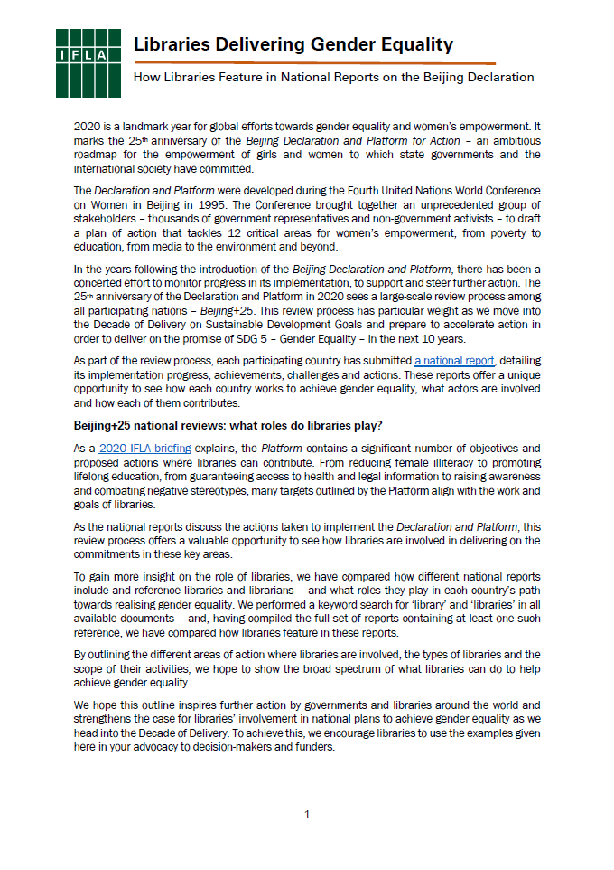 Libraries Delivering Gender Equality - How Libraries Feature in National Reports on the Beijing Declaration.jpg