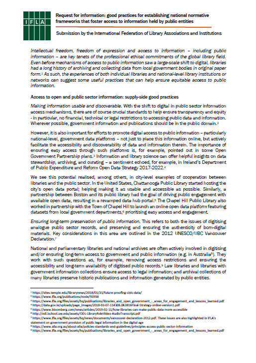 IFLA Input - Fostering Access to Information Held by Public Entities - title page