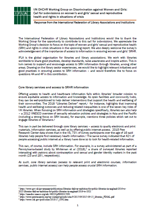 IFLA Response to the Call for Submissions on Womenâs and Girlsâ Sexual and Reproductive Health and Rights in Situations of Crisis