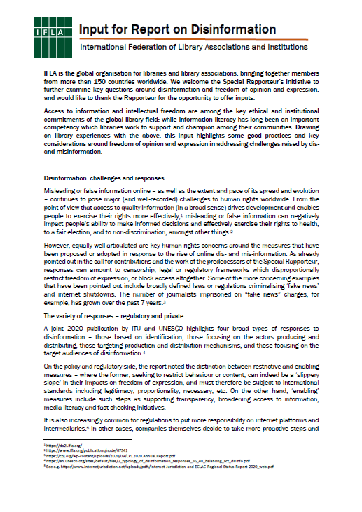 IFLA Input for Report on Disinformation