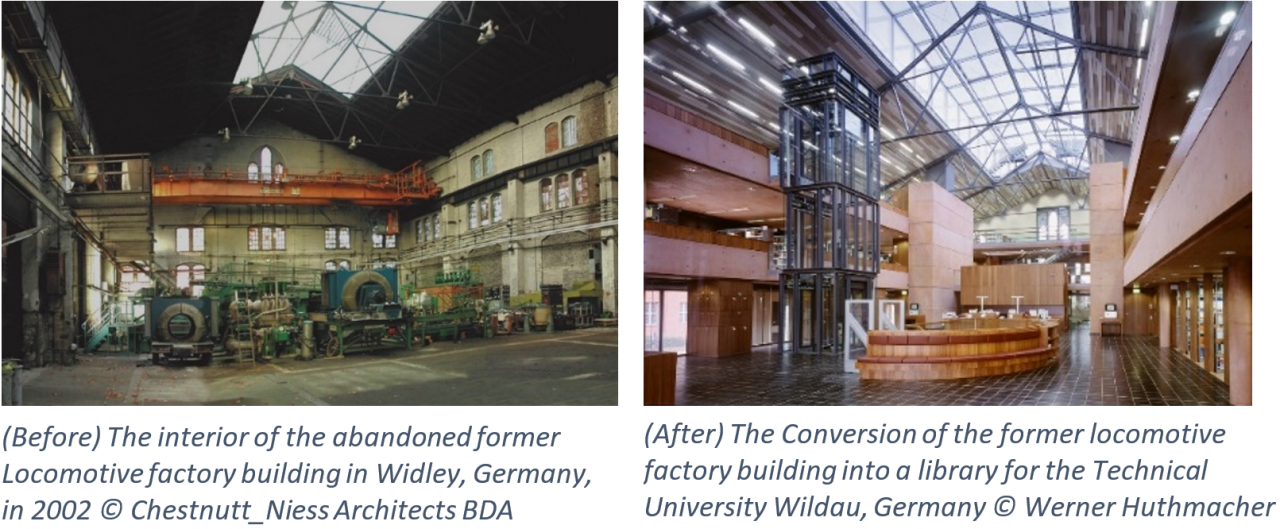 (Before) The interior of the abandoned former Locomotive factory in Wildau, Germany, in 2002 Â© Chestnut_Niess Architects BDA; (After) The conversion into a library for the Technical University Wildau, Germany Â© Werner Huthmacher.