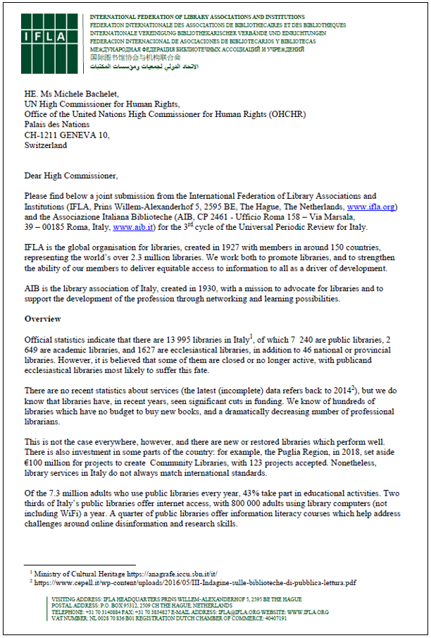 Front page of IFLA's and AIB's submission to the Italian Universal Periodic Review