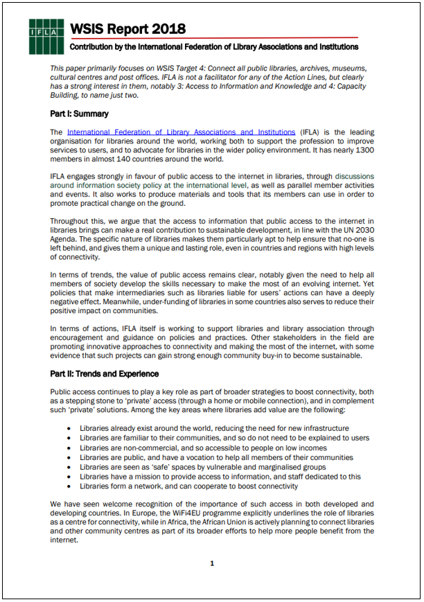 First page of IFLA WSIS Report 2018