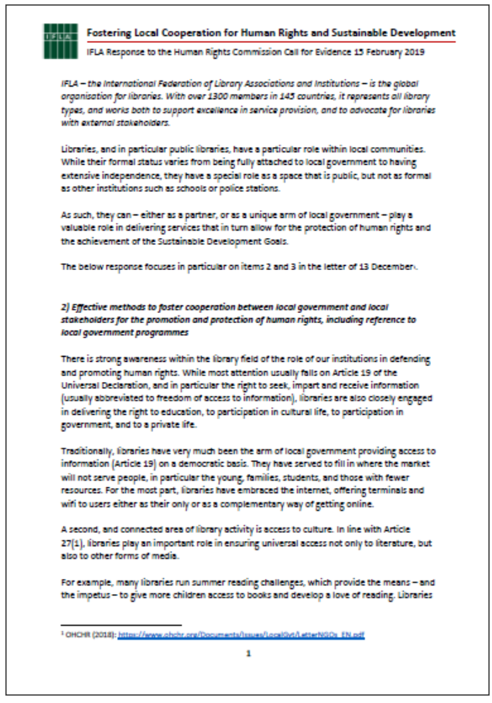 First page of IFLA submission on libraries, local government, human rights and sustainable development